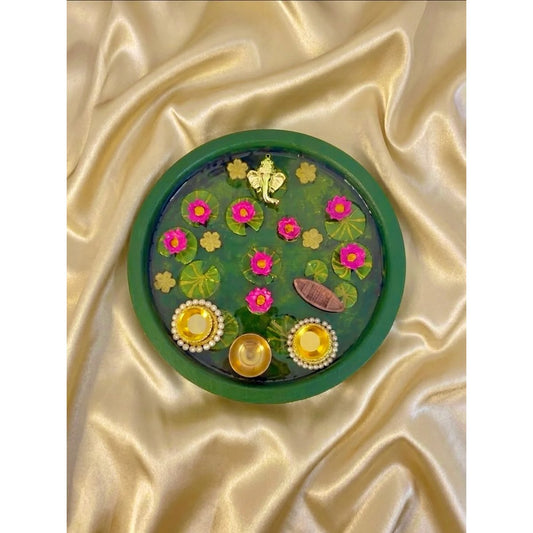 Lotus Pond Pooja Thali – Green Gold Resin Handmade
