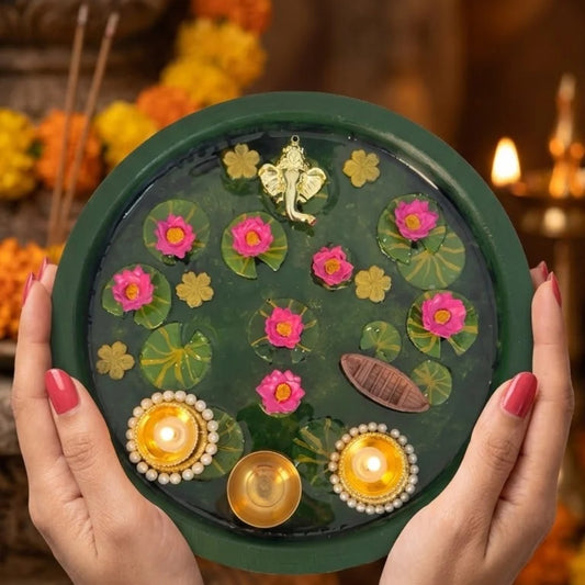 Lotus Pond Pooja Thali – Green Gold Resin Handmade
