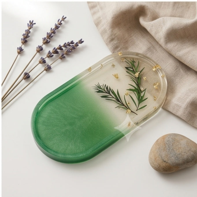 Green Ombre Pressed Greenery Resin Jewelry Tray