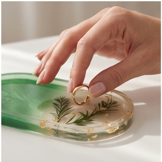 Green Ombre Pressed Greenery Resin Jewelry Tray