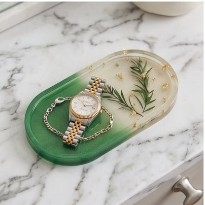 Green Ombre Pressed Greenery Resin Jewelry Tray