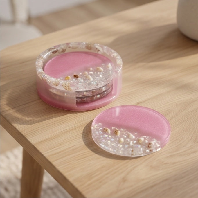 Pink Resin Coaster Set with Holder