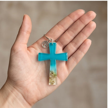 Turquoise Ocean Ombre Resin Cross Keychain
