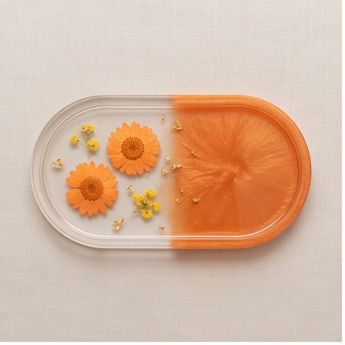 Orange Ombre Pressed Flower Resin Jewelry Tray