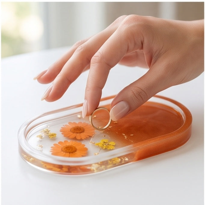 Orange Ombre Pressed Flower Resin Jewelry Tray