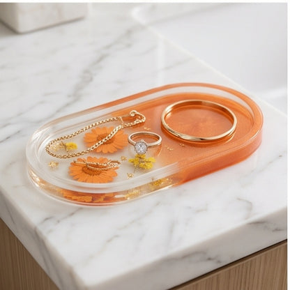 Orange Ombre Pressed Flower Resin Jewelry Tray
