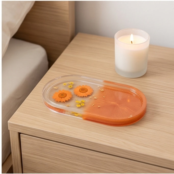 Orange Ombre Pressed Flower Resin Jewelry Tray