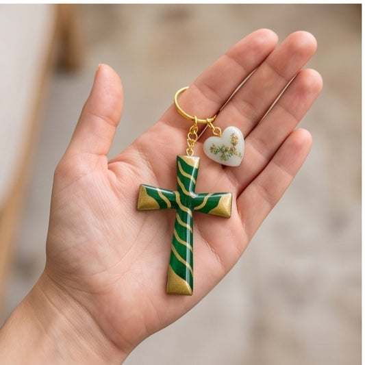 Green & Gold Swirl Resin Cross Keychain