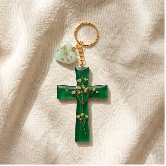 Green Color with Dried Flowers Resin Cross Keychain