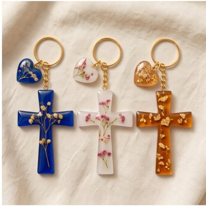 Green Color with Dried Flowers Resin Cross Keychain