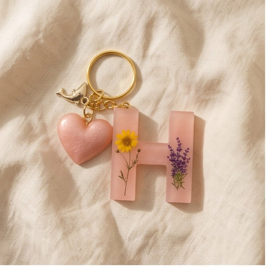 Blush Pink Pressed Flower Resin Letter Keychain