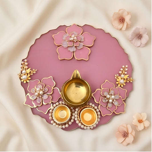 Floral Pooja Thali – Blush Pink Gold Resin Handmade