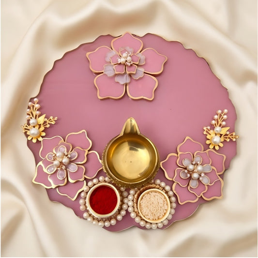 Floral Pooja Thali – Blush Pink Gold Resin Handmade