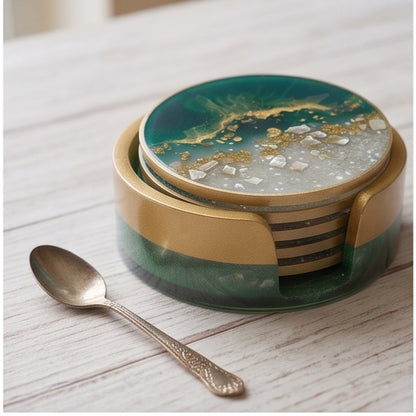 Emerald Green & Gold Resin Coaster Set with Holder