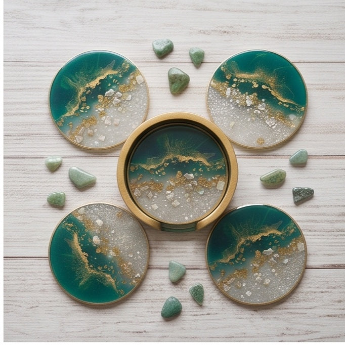 Emerald Green & Gold Resin Coaster Set with Holder