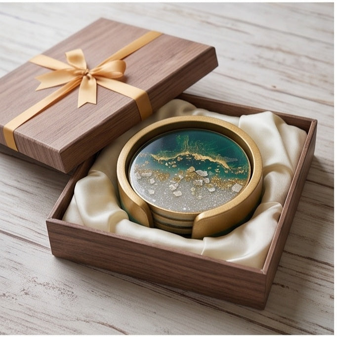Emerald Green & Gold Resin Coaster Set with Holder