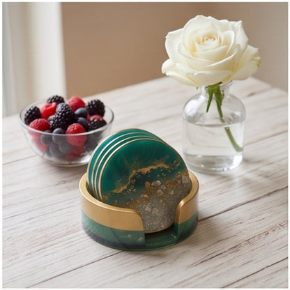 Emerald Green & Gold Resin Coaster Set with Holder