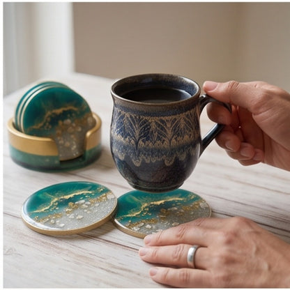 Emerald Green & Gold Resin Coaster Set with Holder