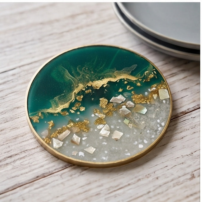 Emerald Green & Gold Resin Coaster Set with Holder