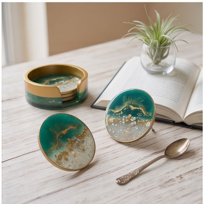 Emerald Green & Gold Resin Coaster Set with Holder